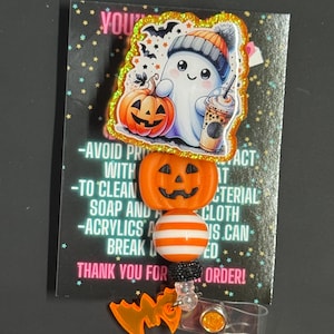 Bobine de badge café fantôme, bobine de badge Halloween, bobine de badge fantôme, bobine de badge effrayant, bobine de badge en perles, bobine de badge scintillant, Halloween, infirmière