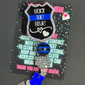 Back The Blue Badge Reel, Police Wife Badge Reel, Thin Blue Line Badge Reel, Police Badge Reel, Glitter Badge Reel, Beaded Badge Reel image 2