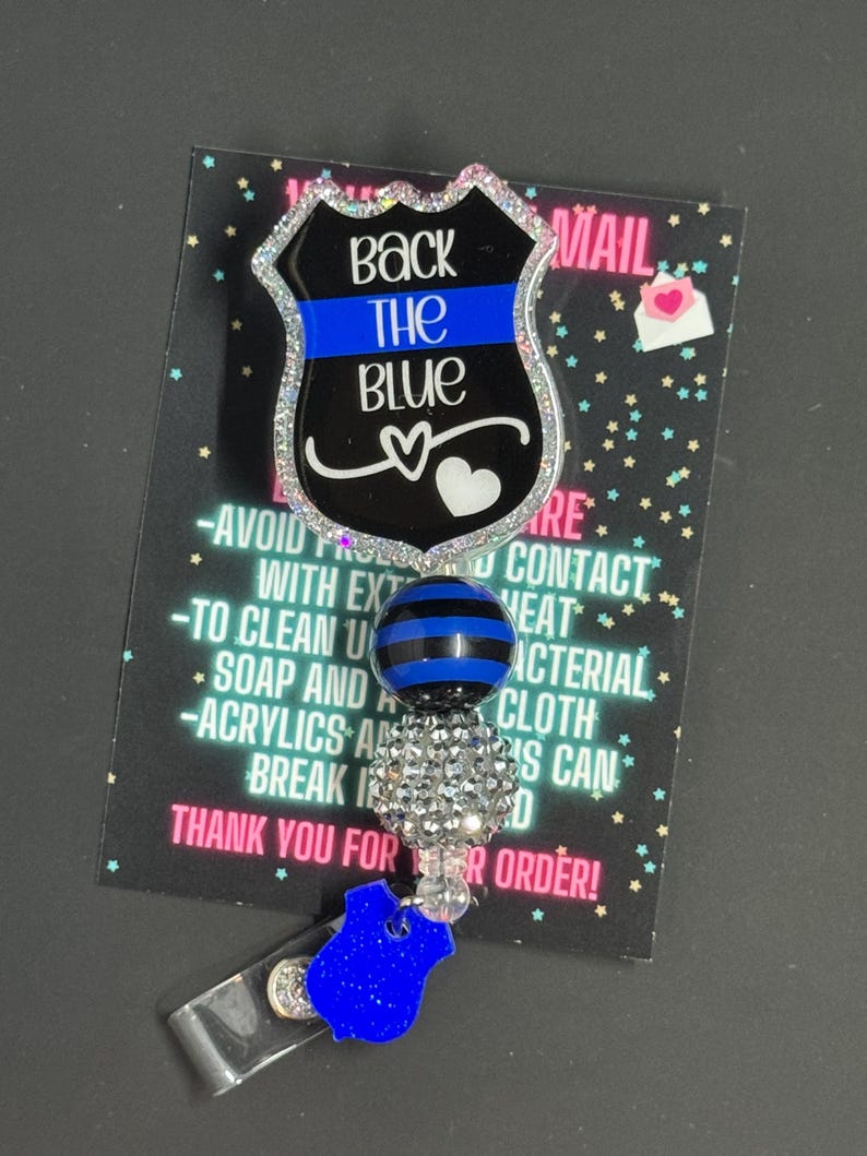 Back The Blue Badge Reel, Police Wife Badge Reel, Thin Blue Line Badge Reel, Police Badge Reel, Glitter Badge Reel, Beaded Badge Reel image 2