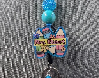 Personalized Teacher Lanyard, Pencil Glitter Badge