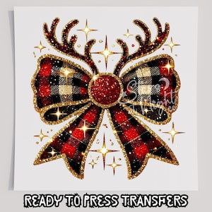 Rudolph Bow T-shirt transfer kunstglitter, klaar om te drukken transfer, zeefdruk transfer, kerst-DTF, kersttransfer, DTF