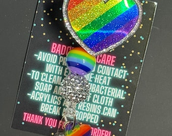 Porta credenciales con forma de corazón brillante arcoíris, credencial de enfermera