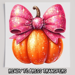 Transferencia de camiseta DTF con lazo rosa con purpurina sintética y calabaza, transferencia lista para imprimir, transferencia de serigrafía, transferencia de otoño, DTF, DTF de Acción de Gracias