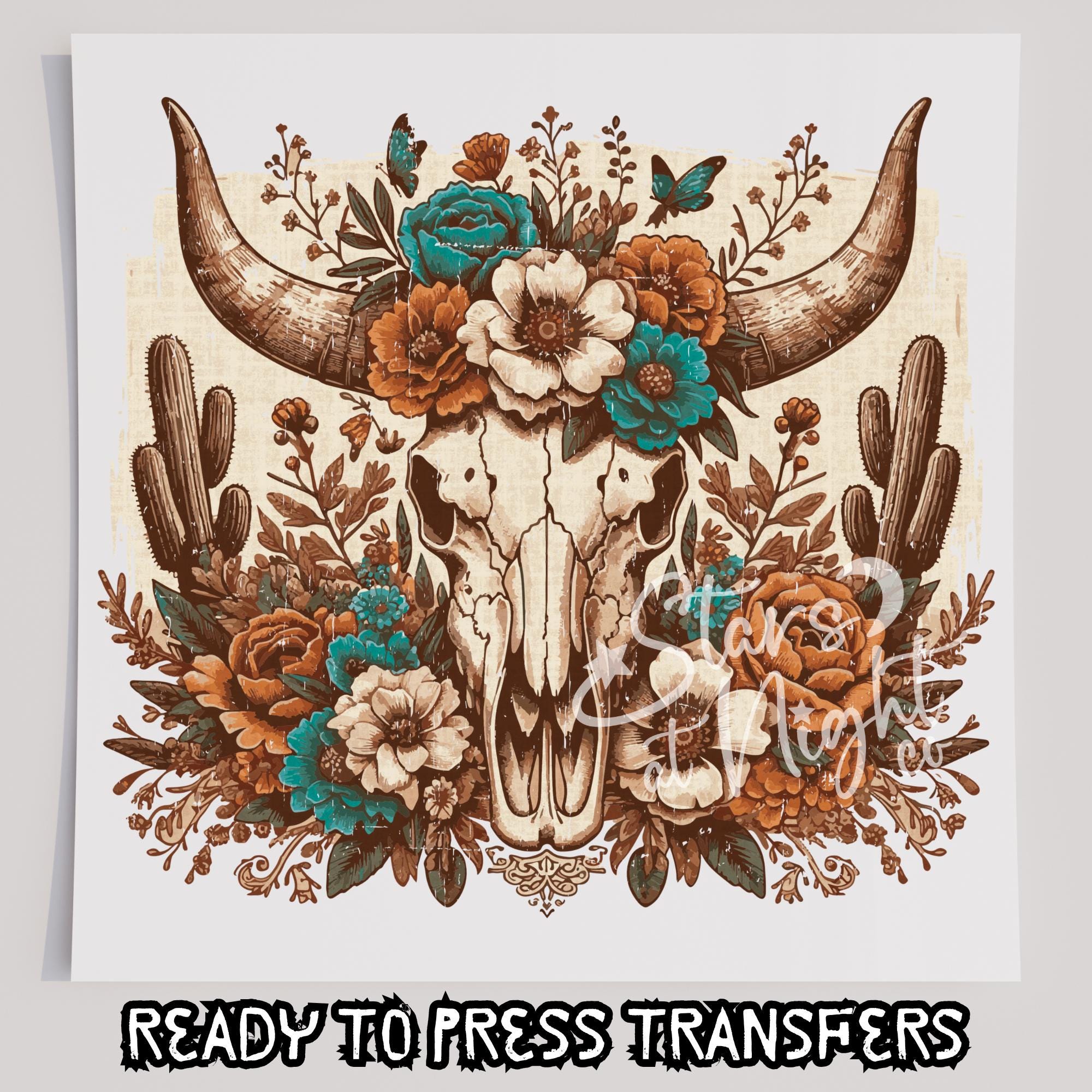 Western Skull T-Shirt Transfer, Ready To Press Transfer, Screen Print Transfer, DTF, Direct To Film, Western