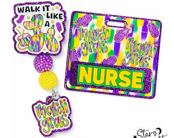 Mardi Gras Badge Reel and Badge Buddy, Beaded Badge Reel, Glitter Badge Reel, Cute Badge Reel, Badge Reel, ID, Walk it like a dog badge reel