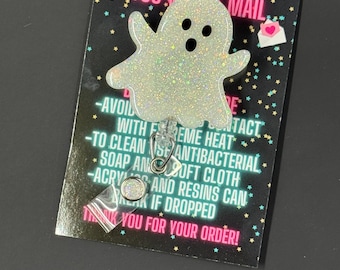 Glow in the Dark Ghost Badge Reel, Spooky Beaded Glitter Resin