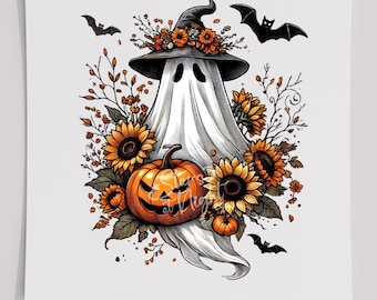 Floral Ghost with Bats DTF T-Shirt Transfer, Ready To Press Transfer, Screen Print Transfer, Halloween Transfer, Halloween DTF Transfer, DTF