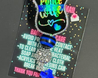 Police Wife Badge Reel, Police Badge Reel, Thin Blue Line Badge Reel, Glitter Badge Reel, Beaded Badge Reel, Badge Reel, Back the Blue