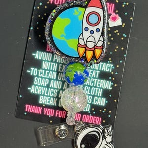 Astronaut Badge Reel, Glitter Space Rocket, Handmade Resin Swivel Clip image 2