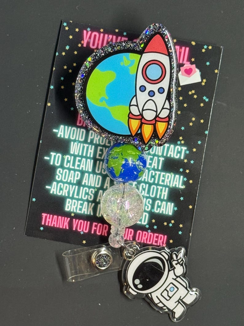 Astronaut Badge Reel, Glitter Space Rocket, Handmade Resin Swivel Clip image 2