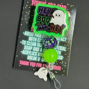 Bobine de badge Hey Boo, bobine de badge, bobine de badge d&#39;Halloween, bobine de badge fantôme, bobine de badge effrayant, bobine de badge en perles, bobine de badge phosphorescent