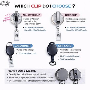 May include: An informational graphic titled WHICH CLIP DO I CHOOSE? displaying various badge reel styles including alligator clip, belt clip, carabiner, MRI safe, and heavy duty metal options with their respective features and retractable cord lengths.