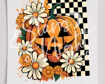 Floral Fall Pumpkin Checkered DTF T-Shirt Transfer, Ready To Press Transfer, Screen Print Transfer, Halloween Transfer, Halloween DTF