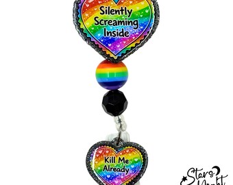 Rainbow Heart Badge Reel, Retractable Holder, Nurse CNA Teacher Accessory