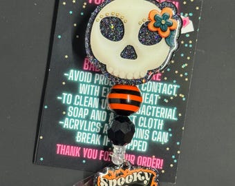 Skull Badge Reel, Halloween Badge Reel, Nurse Badge Reel, Beaded Badge Reel, Glitter Badge Reel, Spooky Badge Reel, Halloween, Sugar Skull