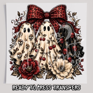 May include: A graphic design featuring three ghosts positioned beneath a large red and black leopard print bow. The left ghost has a skull pattern, the center ghost has a cherry pattern, and the right ghost has a red skull pattern, with red and white flowers.