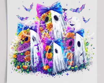 Colorful Floral Ghost DTF T-Shirt Transfer, Ready To Press Transfer, Screen Print Transfer, Halloween Transfer, DTF, Ghost DTF