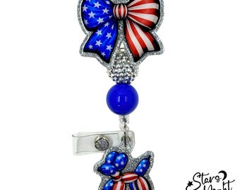 Patriotic Bow Badge Reel, American Flag Balloon Dog, USA Retractable Holder