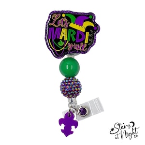 Mardi Gras Badge Reel, Beaded Swivel Clip, Nurse Accessory