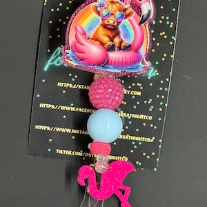 Highland Cow On Flamingo Float Rainbow Badge Reel, Cow Badge Reel, Beaded Badge Reel, Glitter Badge Reel, Badge Reel, Nurse Badge, Badge