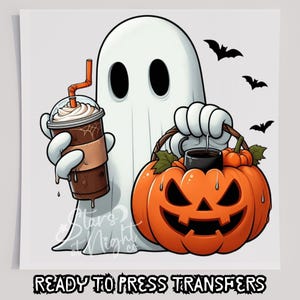 Trick Or Treat Ghost with Coffee DTF T-Shirt Transfer, Ready To Press Transfer, Screen Print Transfer, Halloween Transfer, DTF