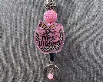 Teacher Apple Lanyard, Pink Bow, Glitter School Lanyard