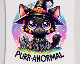 PurrAnormal Black Cat DTF T-Shirt Transfer, Transfer gotowy do druku, Transfer sitodrukowy, Transfer na Halloween, DTF, Halloween