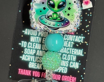 Porta insignias de extraterrestre, ovni, nave espacial, enfermera, con purpurina, adorable.