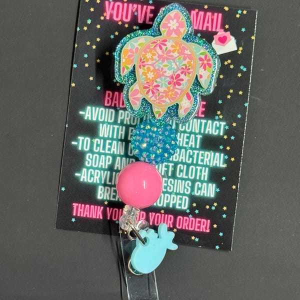 Bobine de badge tortue de mer florale, bobine de badge tortue, bobine de badge à paillettes, bobine de badge en perles, bobine de badge, bobine de badge d'infirmière, bobine de badge d'été