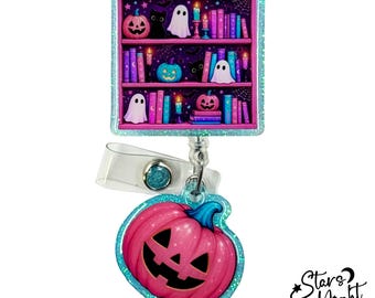 Halloween Bookshelf Badge Reel, Spooky Ghost Pumpkin Holder, Librarian Accessory