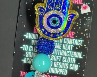 Hamsa Hand Evil Eye Glitter Badge Reel, Teacher ID Holder