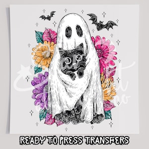 Ghost Holding Cat DTF T-Shirt Transfer, Ready To Press Transfer, Screen Print Transfer, Halloween Transfer, DTF, Ghost