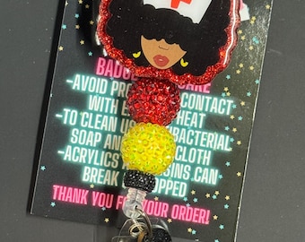 Porte-badge noir pour infirmière, badge d'identification fait main avec perles et paillettes