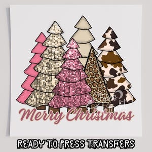 Faux Sequin Pink Trees T-Shirt Transfer, Ready To Press Transfer, Screen Print Transfer, Christmas DTF, Christmas Transfer, DTF