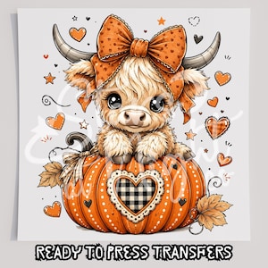 May include: A digital illustration of a fluffy Highland cow with a large orange polka-dot bow sitting inside a bright orange pumpkin. The pumpkin features a black and white buffalo plaid heart design, surrounded by small orange hearts and stars.
