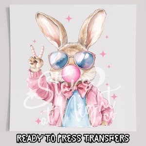 Op de afbeelding: Een roze en blauwe konijn met een zonnebril op en blaast een bel. Het konijn draagt een roze jas en een blauw shirt met een strikje. De achtergrond is lichtgrijs met roze sterren.