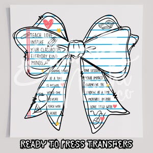 Notebook Paper Bow T-Shirt Transfer, Ready To Press Transfer, Screen Print Transfer, School Transfer, DTF, Back To School DTF