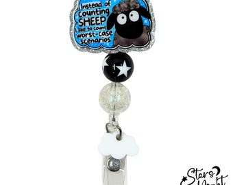 Counting Worst-Case Scenarios Sheep Badge Reel, Glitter Anxiety Holder