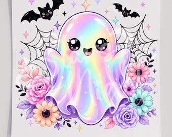 Faux Iridescent Holographic Ghost Jack O Lantern Halloween DTF Transfer, Ready To Press