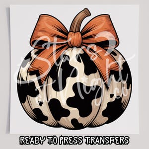 Può includere: Un'illustrazione grafica di una zucca con un motivo a macchie di mucca bianco e nero, sormontata da un grande fiocco arancione. Il testo "Stars & Night co" è sovrapposto in corsivo bianco, e "READY TO PRESS TRANSFERS" appare in basso.