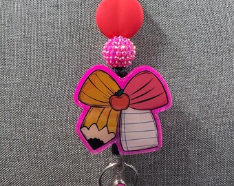 Teacher Lanyard, Apple, Pencil, and Paper Bow, Glitter Lanyard