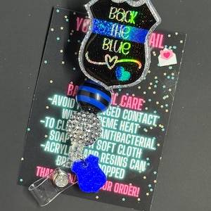 Back The Blue Badge Reel, Police Wife Badge Reel, Thin Blue Line Badge Reel, Police Badge Reel, Glitter Badge Reel, Beaded Badge Reel image 1