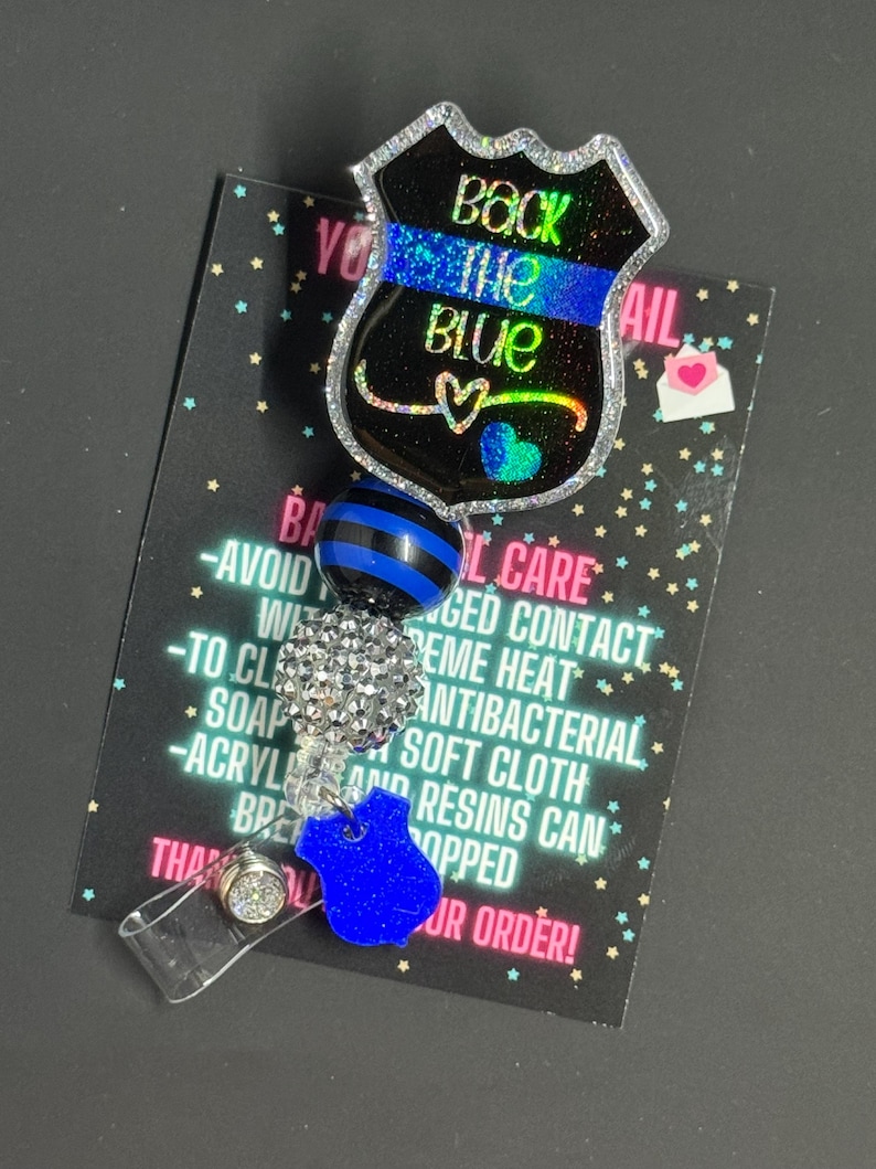 Back The Blue Badge Reel, Police Wife Badge Reel, Thin Blue Line Badge Reel, Police Badge Reel, Glitter Badge Reel, Beaded Badge Reel image 1