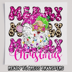 Faux Glitter Hot Pink Merry Cheetah Santa T-Shirt Transfer, Ready To Press Transfer, Screen Print Transfer, Christmas DTF, Christmas