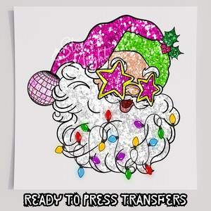 Faux Glitter Santa With Lights In Beard T-Shirt Transfer, Ready To Press Transfer, Screen Print Transfer, Christmas DTF, Christmas