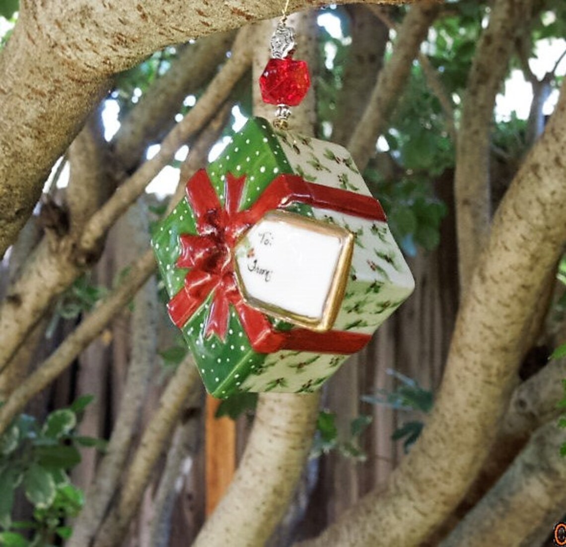 Christmas Ornament Hand Painted Ornament Package With Holly , Green Lid