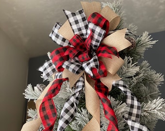 Rustic Christmas tree bow, farmhouse bow, plaid tree topper bow, red and black buffalo check tree topper, Christmas tree Bow decor