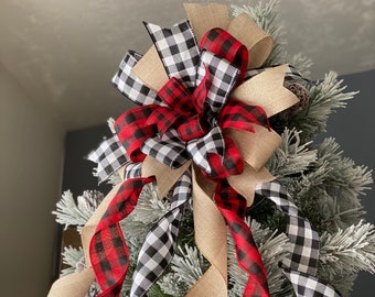 Rustic Christmas tree bow, farmhouse bow, plaid tree topper bow, red and black buffalo check tree topper