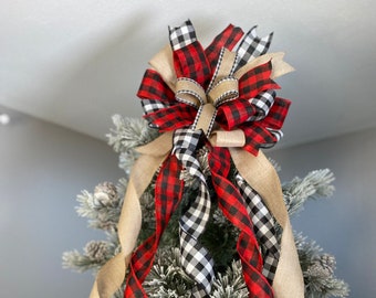 Rustic Christmas tree bow, farmhouse bow, plaid tree topper, black buffalo check tree topper, Christmas tree Bow decor, Christmas Bow