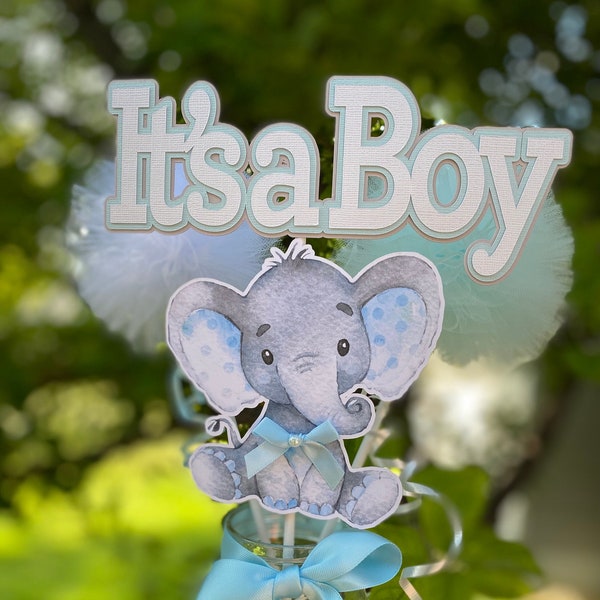 IT'S A BOY Elephant Centerpieces, It's a Boy Sign With Elephant, Blue Pompoms, Baby Shower Centerpieces, Baby Elephant Centerpiece, Boy baby